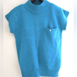 VINTAGE Stitch Works Retro Blue Knit Mock Neck Short Sleeve Sweater Top
